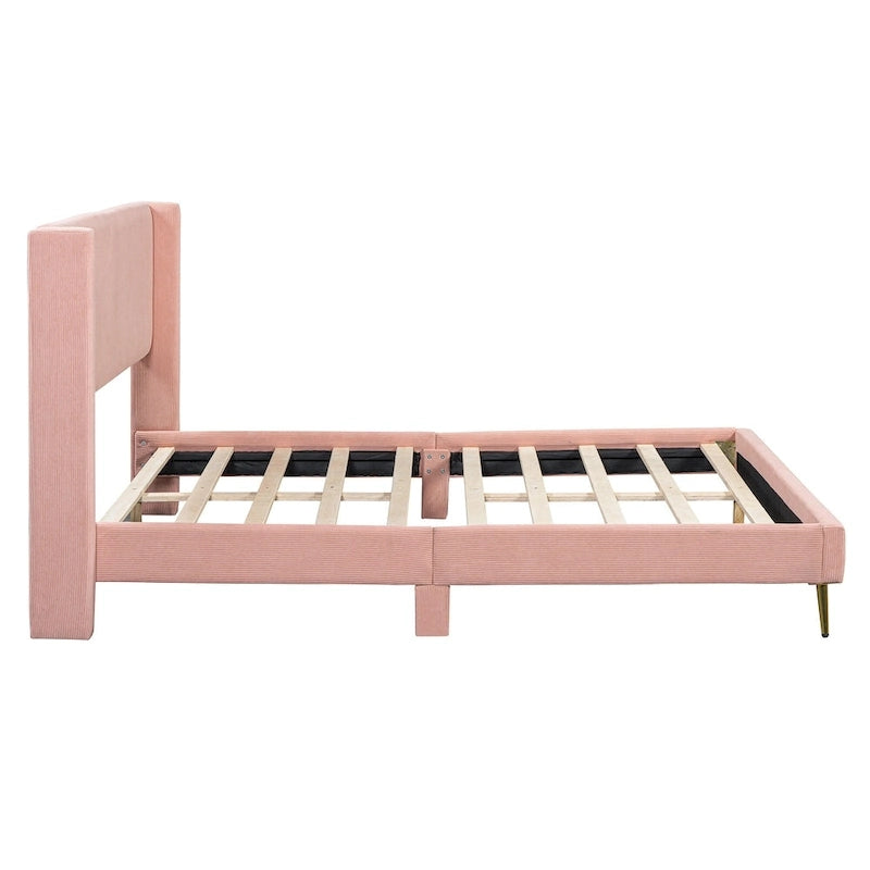Queen Corduroy Platform Bed with Tufted Headboard