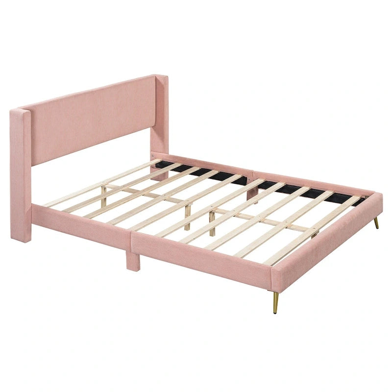 Queen Corduroy Platform Bed with Tufted Headboard