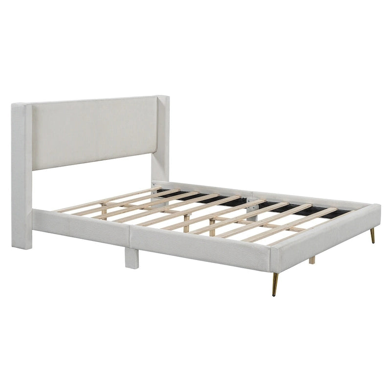 Queen Corduroy Platform Bed with Tufted Headboard