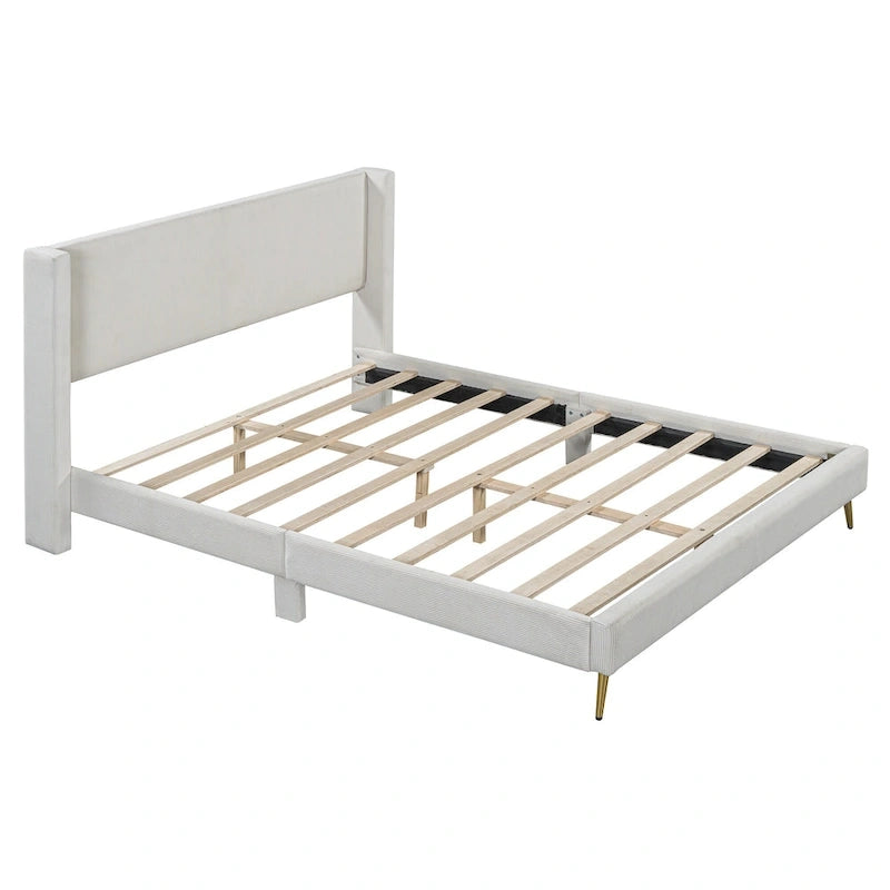 Queen Corduroy Platform Bed with Tufted Headboard
