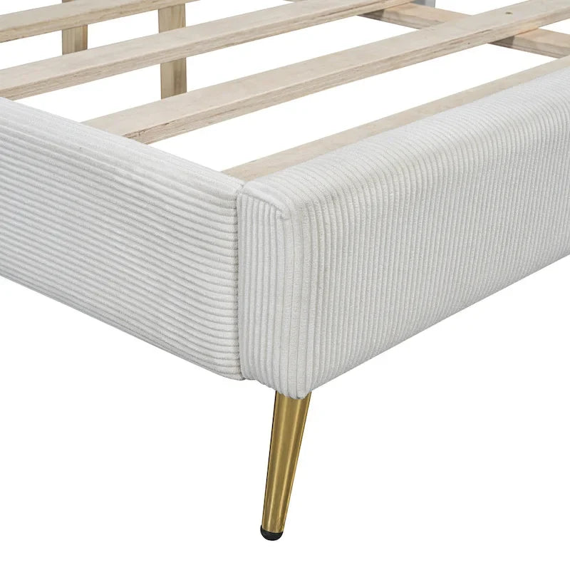 Queen Corduroy Platform Bed with Tufted Headboard