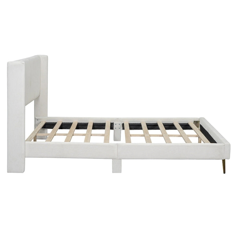 Queen Corduroy Platform Bed with Tufted Headboard