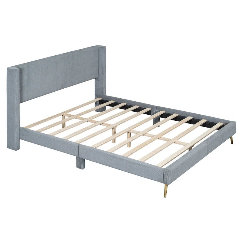 Queen Corduroy Platform Bed with Tufted Headboard