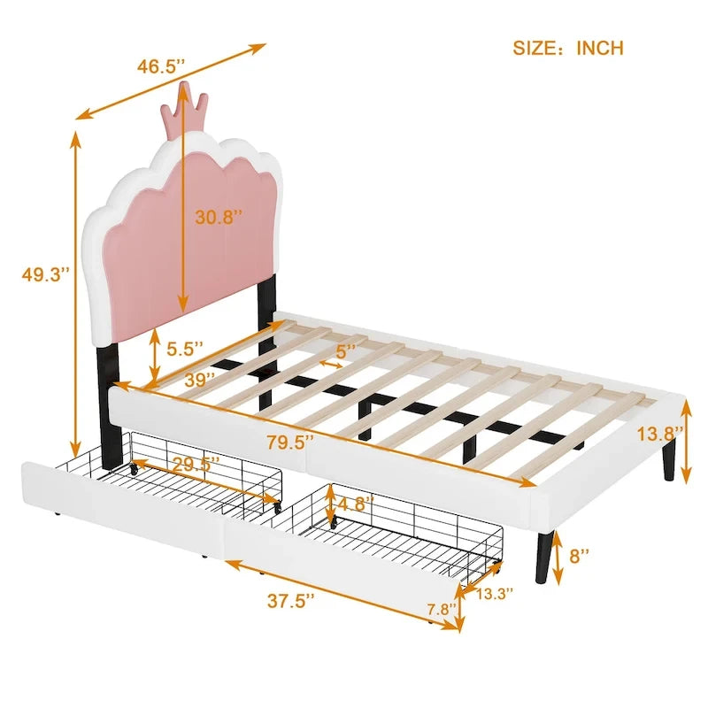 Upholstered Princess Bed with Crown Headboard & Drawers