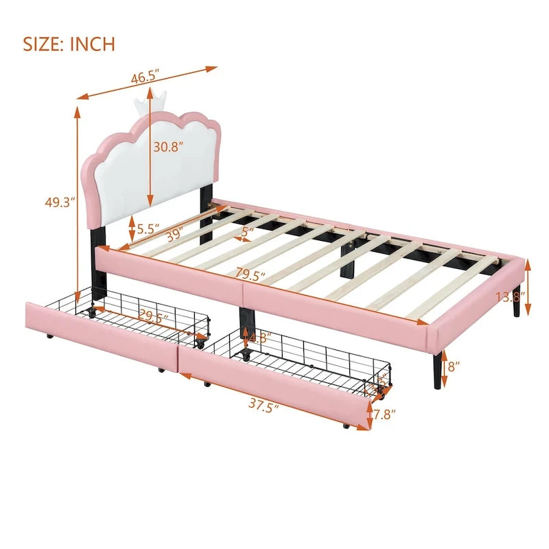 Upholstered Princess Bed with Crown Headboard & Drawers