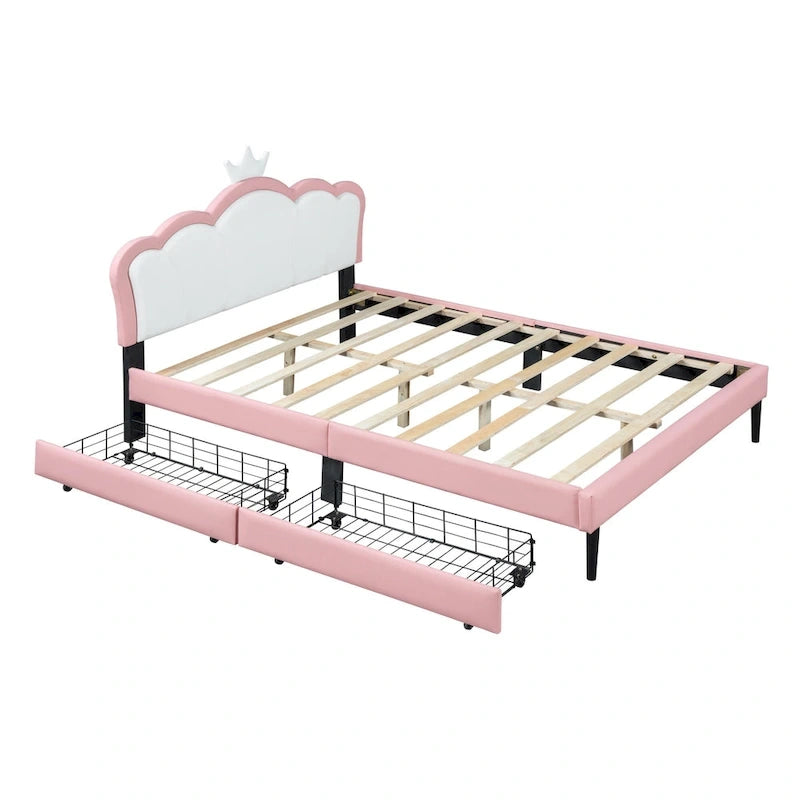 Upholstered Princess Bed with Crown Headboard & Drawers