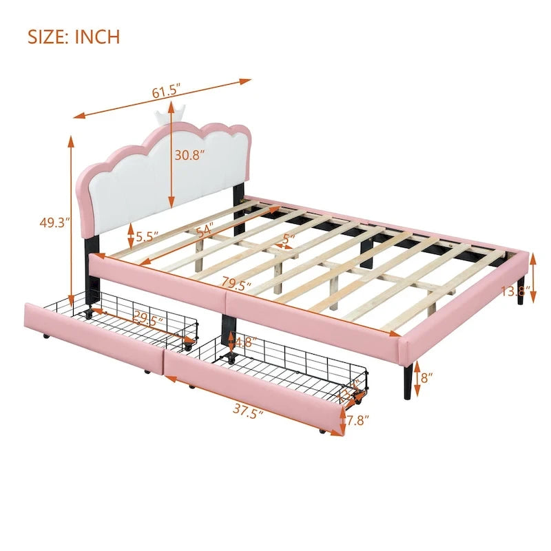 Upholstered Princess Bed with Crown Headboard & Drawers