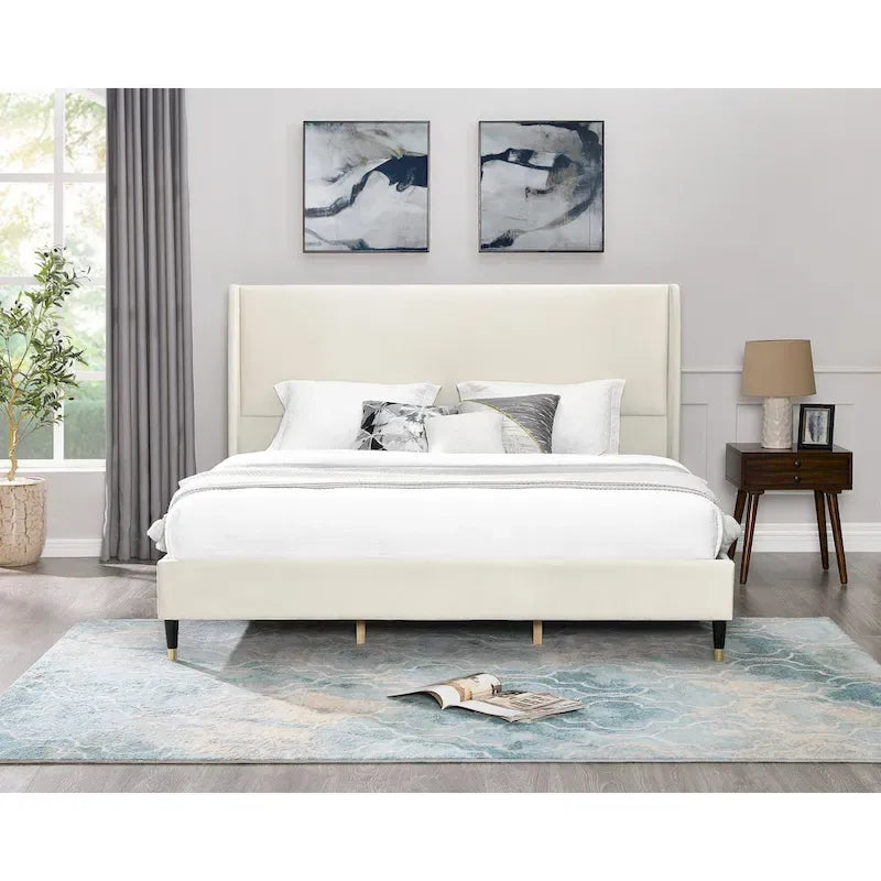Beige King Size Style Platform Bed with Wingback Velvet Headboard