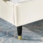 Beige King Size Style Platform Bed with Wingback Velvet Headboard