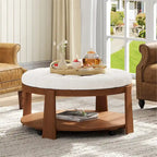 36 Round Button Tufted Upholstered Coffee Table with Wood Shelf and Wheel