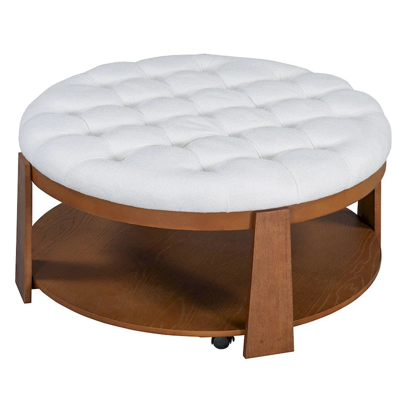 36 Round Button Tufted Upholstered Coffee Table with Wood Shelf and Wheel