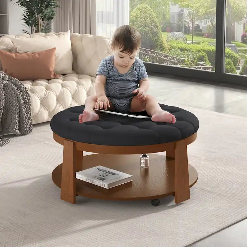 36 Round Button Tufted Upholstered Coffee Table with Wood Shelf and Wheel
