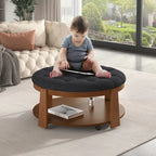 36 Round Button Tufted Upholstered Coffee Table with Wood Shelf and Wheel