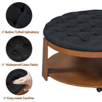 36 Round Button Tufted Upholstered Coffee Table with Wood Shelf and Wheel