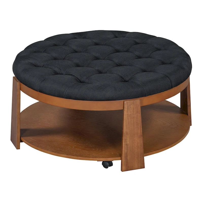 36 Round Button Tufted Upholstered Coffee Table with Wood Shelf and Wheel