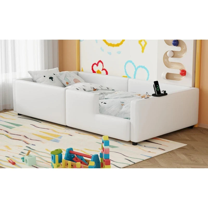 Twin Upholstered Bed with Guardrail & Charging Station