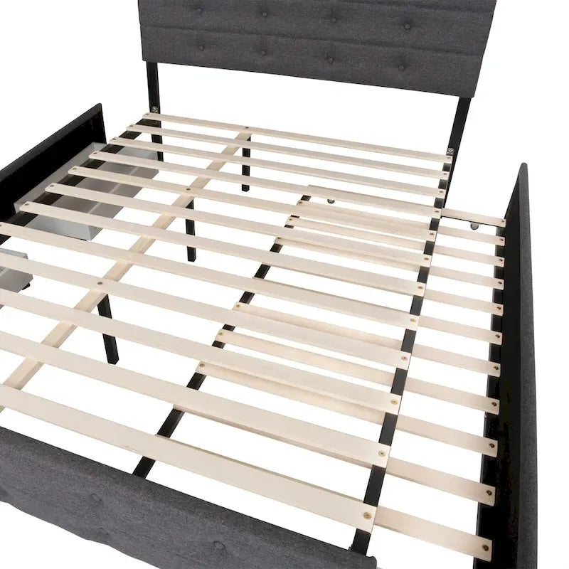 Queen Size Linen Button Tufted Platform Bed Frame with 2 Storage Drawers & Trundle