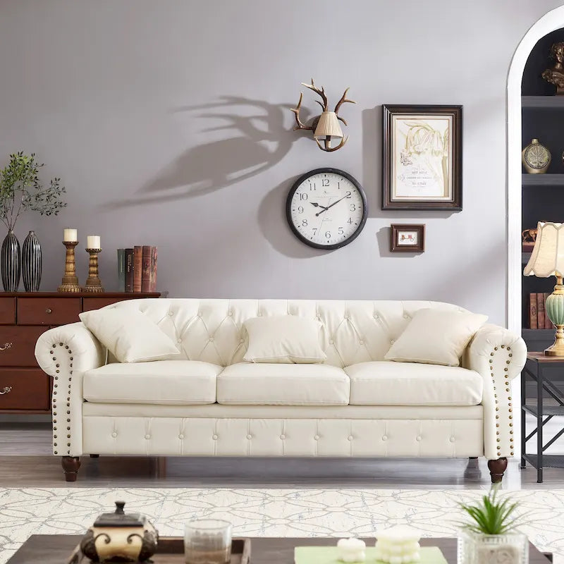 85.8 Technical Leather 3-Seater Sofa with Tufted Backrest & Storage