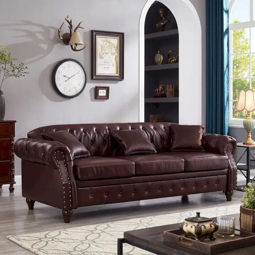 85.8 Technical Leather 3-Seater Sofa with Tufted Backrest & Storage
