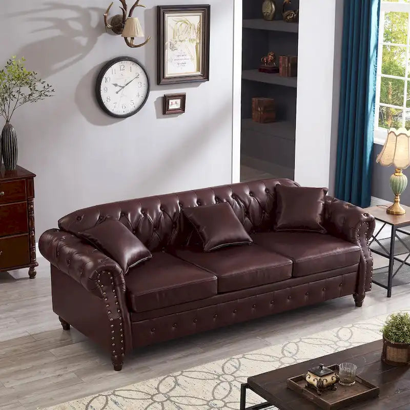 85.8 Technical Leather 3-Seater Sofa with Tufted Backrest & Storage