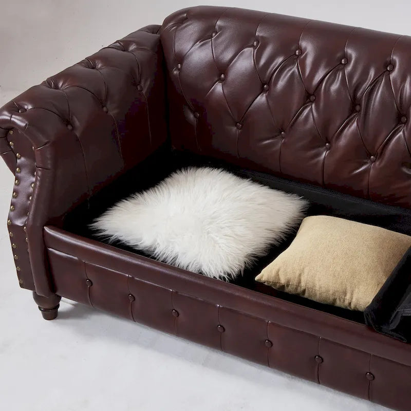 85.8 Technical Leather 3-Seater Sofa with Tufted Backrest & Storage