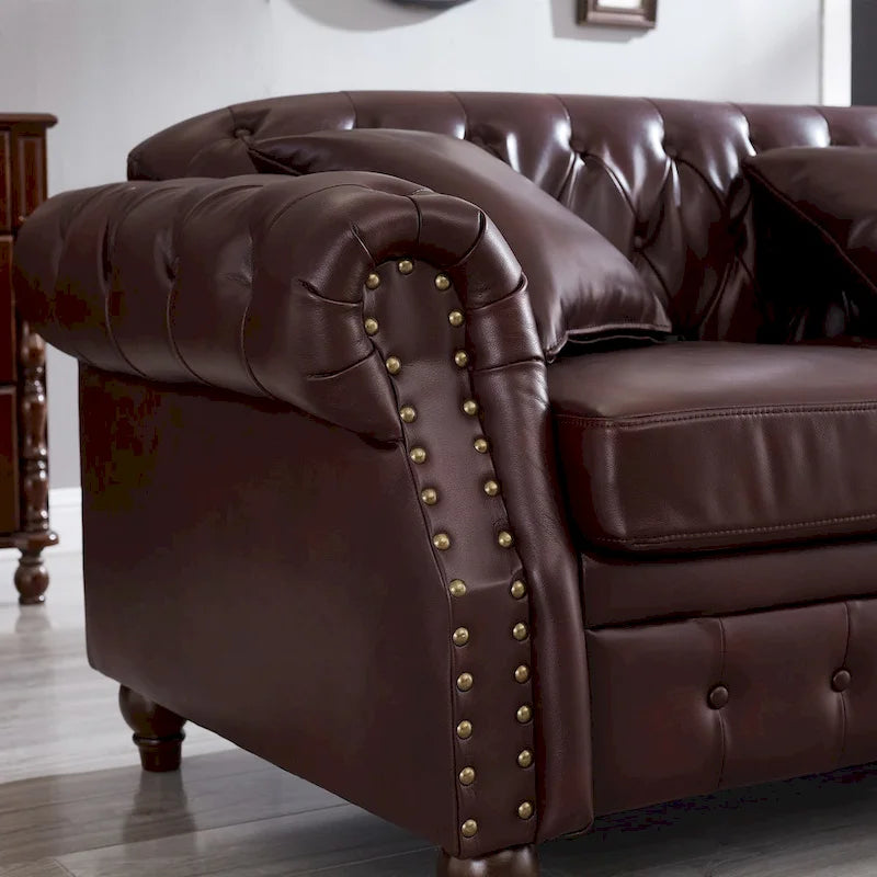 85.8 Technical Leather 3-Seater Sofa with Tufted Backrest & Storage