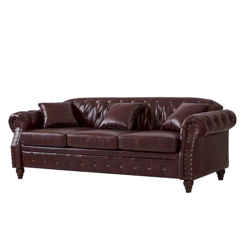 85.8 Technical Leather 3-Seater Sofa with Tufted Backrest & Storage