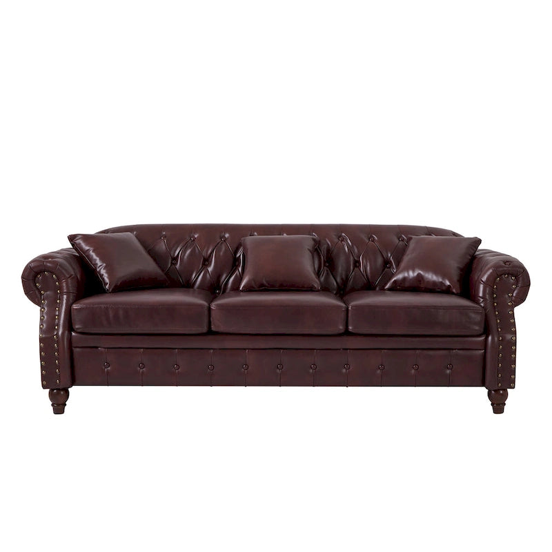 85.8 Technical Leather 3-Seater Sofa with Tufted Backrest & Storage