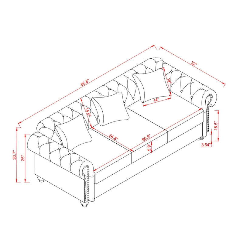 85.8 Technical Leather 3-Seater Sofa with Tufted Backrest & Storage
