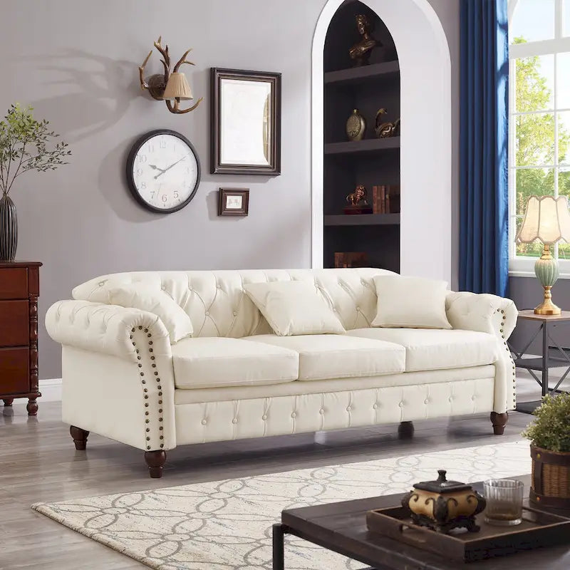 85.8 Technical Leather 3-Seater Sofa with Tufted Backrest & Storage