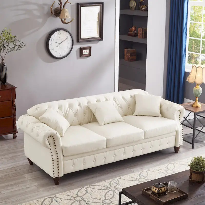 85.8 Technical Leather 3-Seater Sofa with Tufted Backrest & Storage