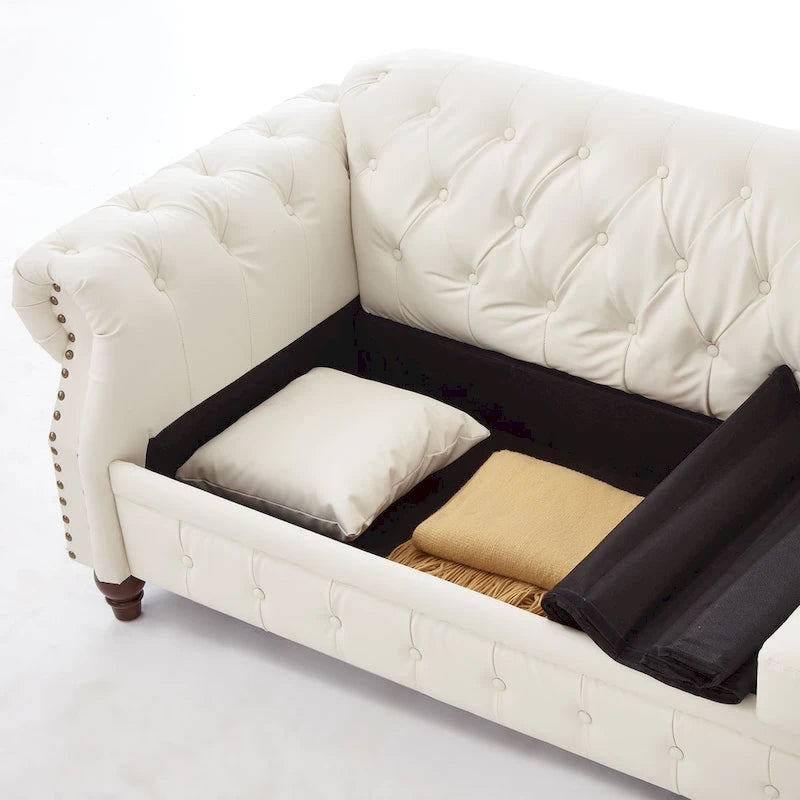85.8 Technical Leather 3-Seater Sofa with Tufted Backrest & Storage