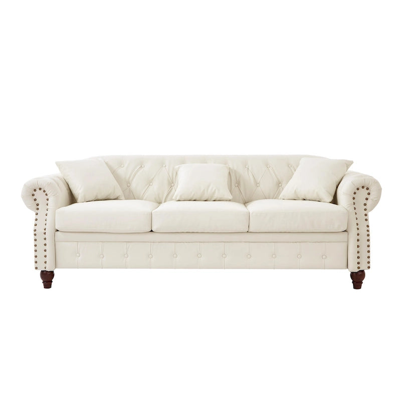 85.8 Technical Leather 3-Seater Sofa with Tufted Backrest & Storage