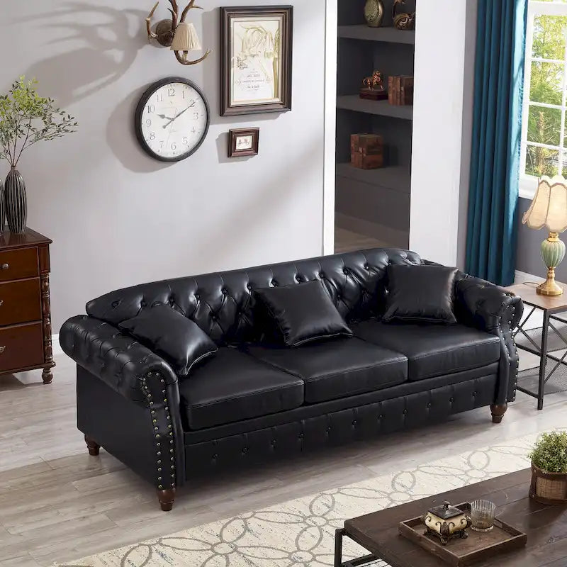 85.8 Technical Leather 3-Seater Sofa with Tufted Backrest & Storage