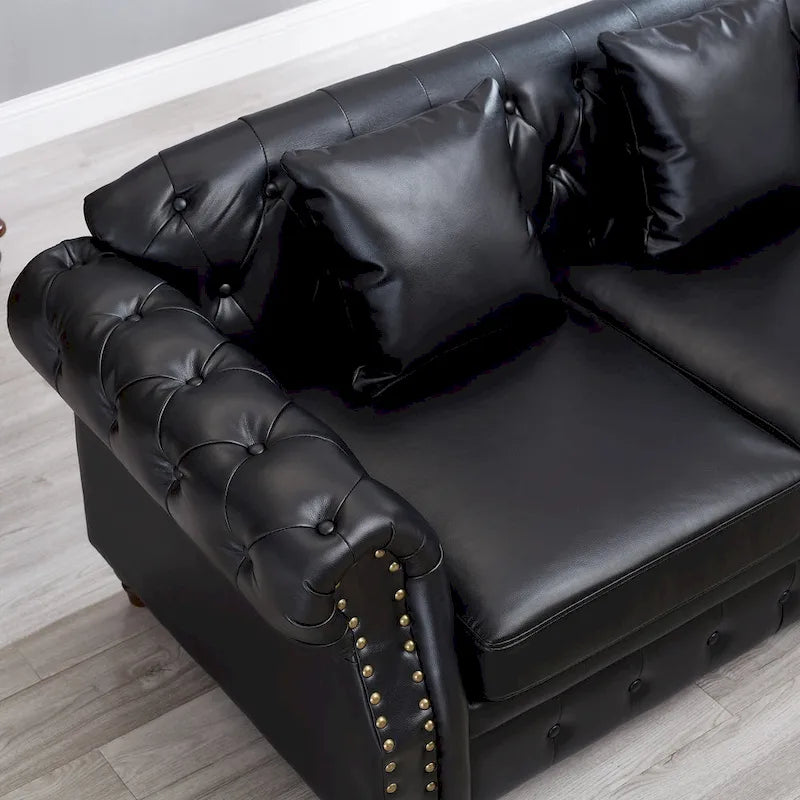 85.8 Technical Leather 3-Seater Sofa with Tufted Backrest & Storage
