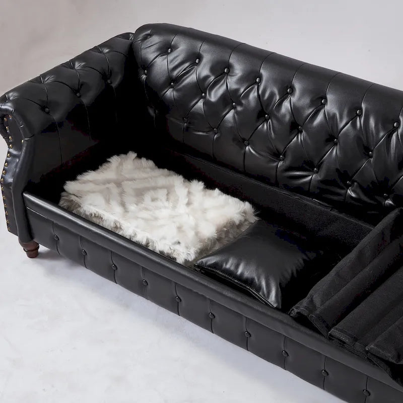 85.8 Technical Leather 3-Seater Sofa with Tufted Backrest & Storage