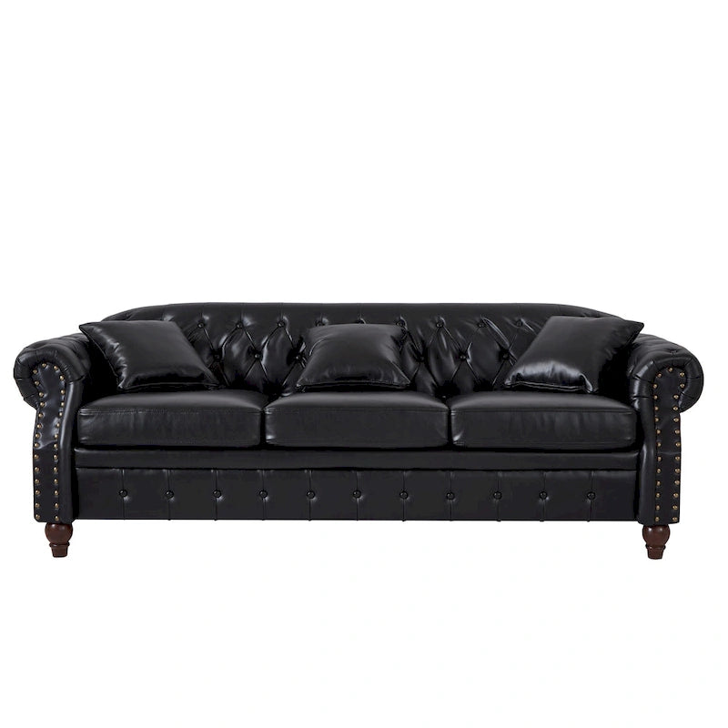 85.8 Technical Leather 3-Seater Sofa with Tufted Backrest & Storage