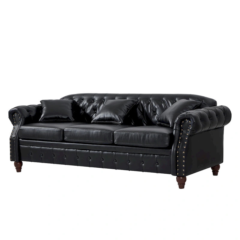 85.8 Technical Leather 3-Seater Sofa with Tufted Backrest & Storage
