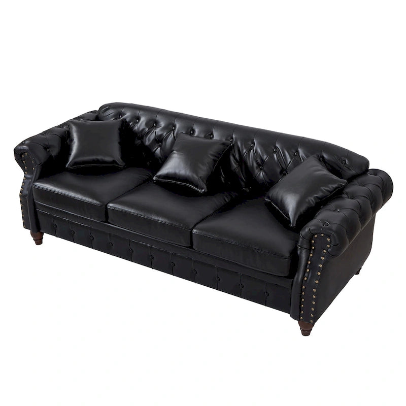 85.8 Technical Leather 3-Seater Sofa with Tufted Backrest & Storage