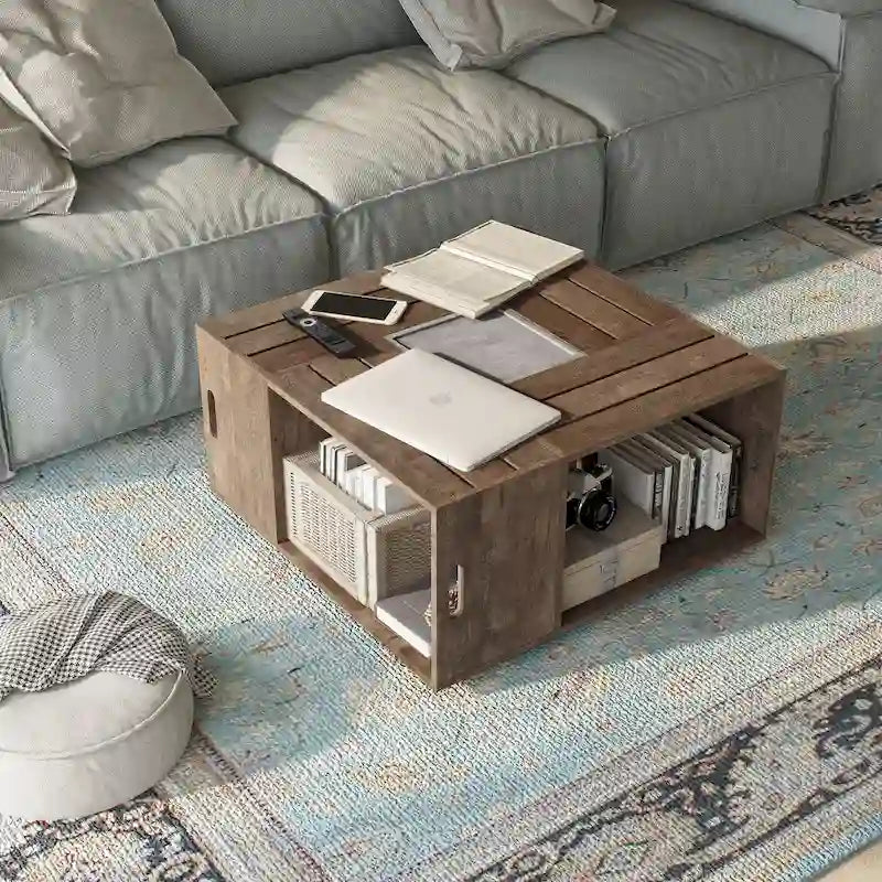 DH BASIC Rustic Oak 32-inch Open Shelf Mobile Coffee Table by Denhour