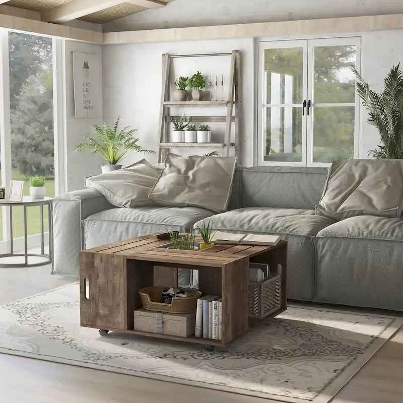 DH BASIC Rustic Oak 32-inch Open Shelf Mobile Coffee Table by Denhour