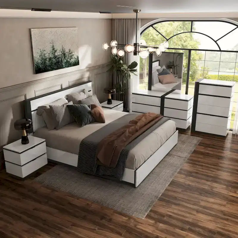 Conjira Modern White Wood 6-Piece Storage Platform Bedroom Set with USBs