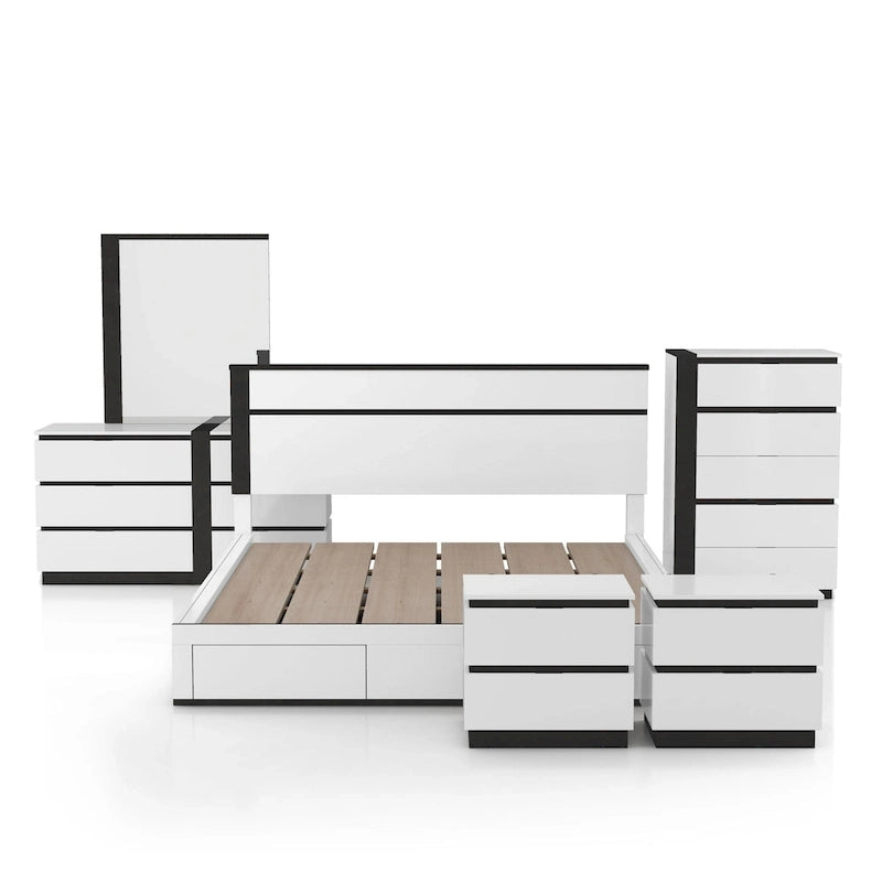 Conjira Modern White Wood 6-Piece Storage Platform Bedroom Set with USBs