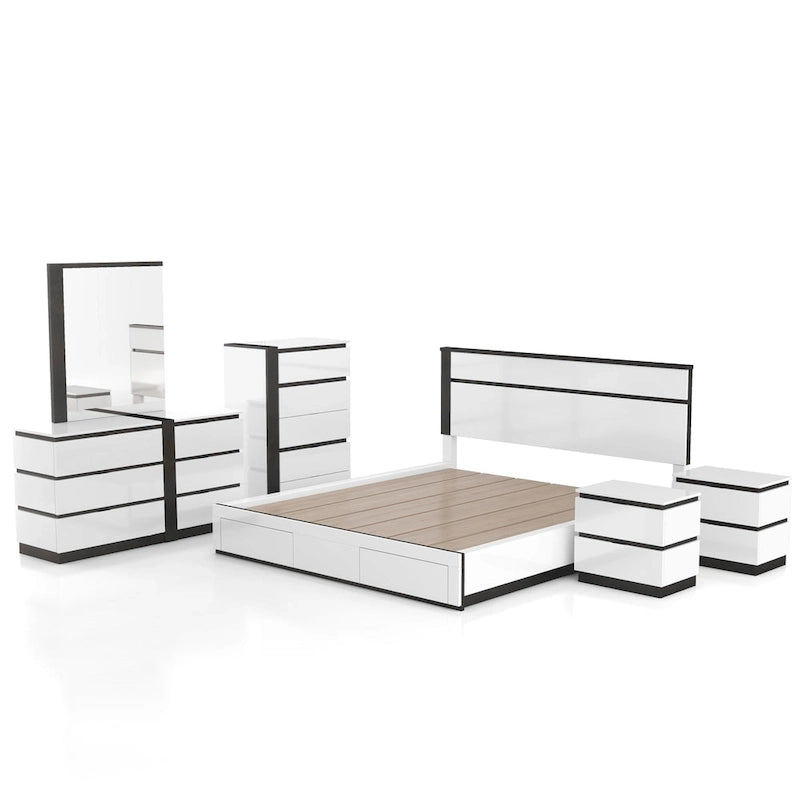 Conjira Modern White Wood 6-Piece Storage Platform Bedroom Set with USBs