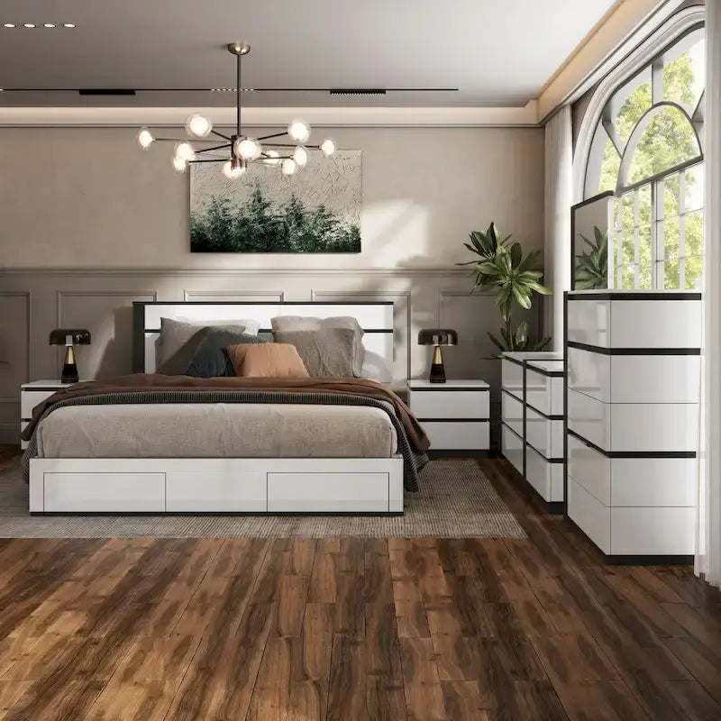 Conjira Modern White Wood 6-Piece Storage Platform Bedroom Set with USBs