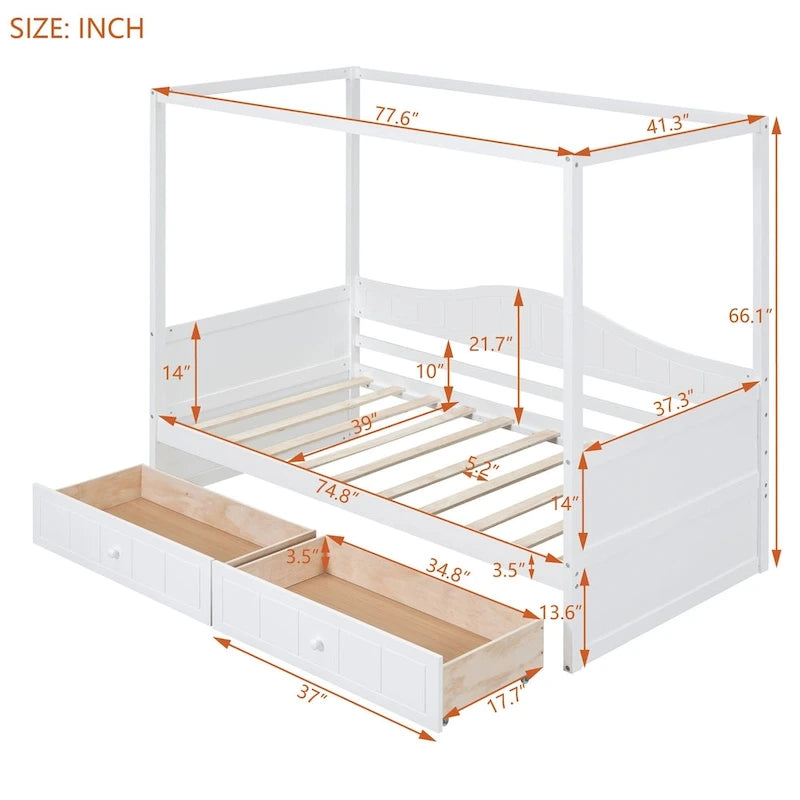 Twin Size Wood Canopy Day Bed with 2 Drawers
