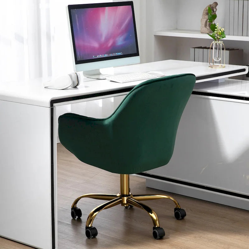 Green Velvet Swivel Chair With High Back, Adjustable Working Chair With Gold Base