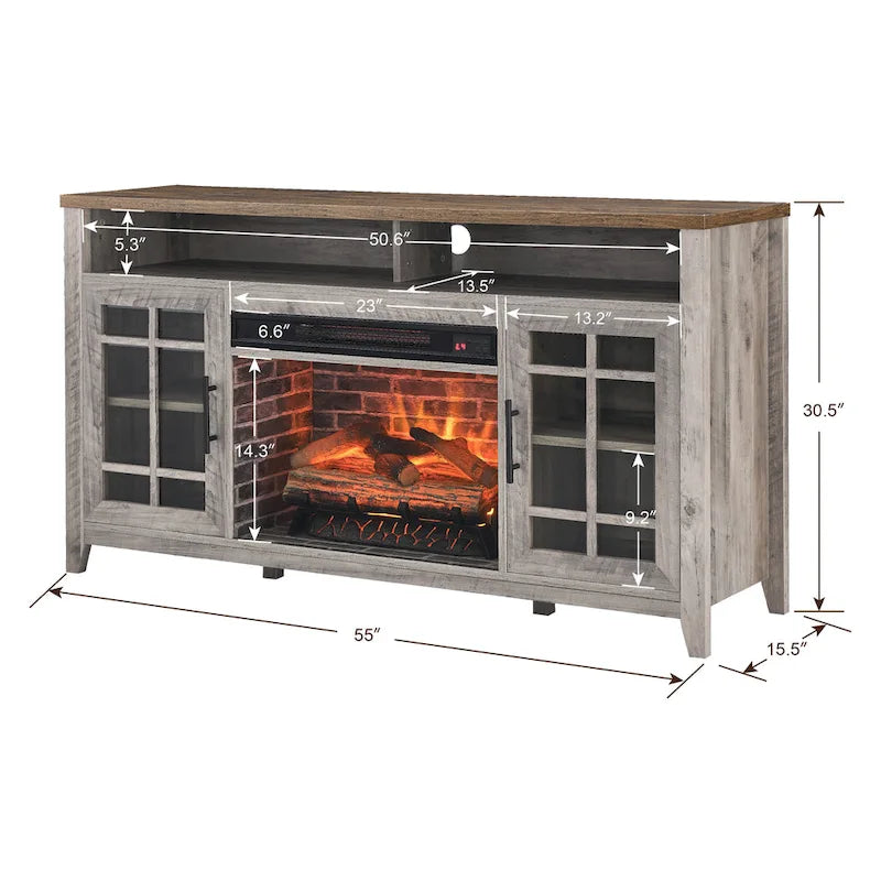 55 Inch Tv Media Stand With Electric Fireplace Kd Inserts Heater,Gray Wash Color