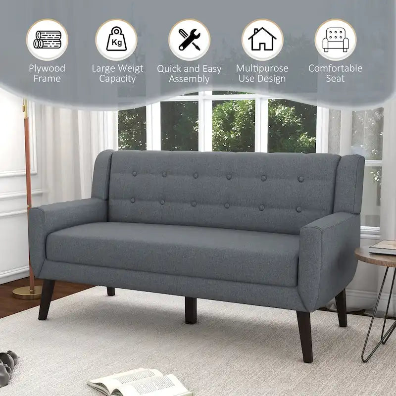 Modern Curved 63 Button Tufted Upholstered Loveseat with 2 Pillows