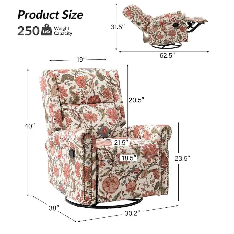 Leopold Transitional Floral Print Manual Swivel Rocking Recliner with Nailhead Trims Set of 2 by HULALA HOME